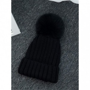 Skullies & Beanies Women Winter Kintted Beanie Hats with Real Fox Fur Pom Pom - Black - CT12NRE5IUH $14.62