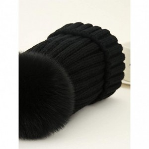 Skullies & Beanies Women Winter Kintted Beanie Hats with Real Fox Fur Pom Pom - Black - CT12NRE5IUH $14.62