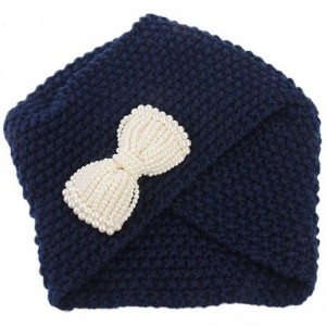 Skullies & Beanies Women Ladies Winter Knitting Hat Turban Brim Hat Wrap Pile Cap with Bow-Knot - Navy - CA18I8R473G $12.01