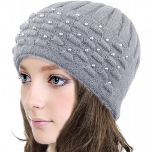 Skullies & Beanies Women's Angora Blend Beanie Hat - Dual Layer Pearl Accent Edge - Gray - C212MYANODD $19.70