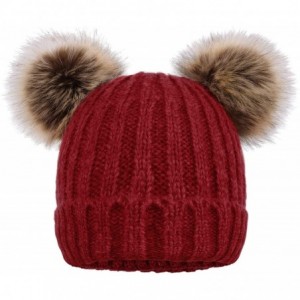 Skullies & Beanies Womens Beanie Winter Cable Knit Faux Fur Pompom Ears Beanie Hat - A_burgundy - CX18E3CG2A7 $16.78