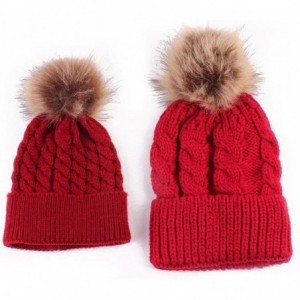 Skullies & Beanies Mom/Baby Winter Hand Knit Faux Fur Pompoms Beanie Hat - Red - CR12N1H33LF $9.48