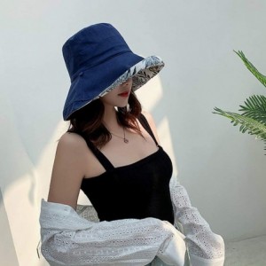 Sun Hats Bucket Hat for Women Double Side Wear Hat Girls Large Wide Brim Hat Packable Visor Caps - Navy (Leaves) - C918RY5I69...