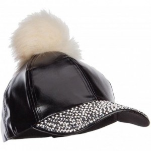 Baseball Caps PU Jewel Cap with Pom Pom - Black Silver - C012MXJX5WW $26.24