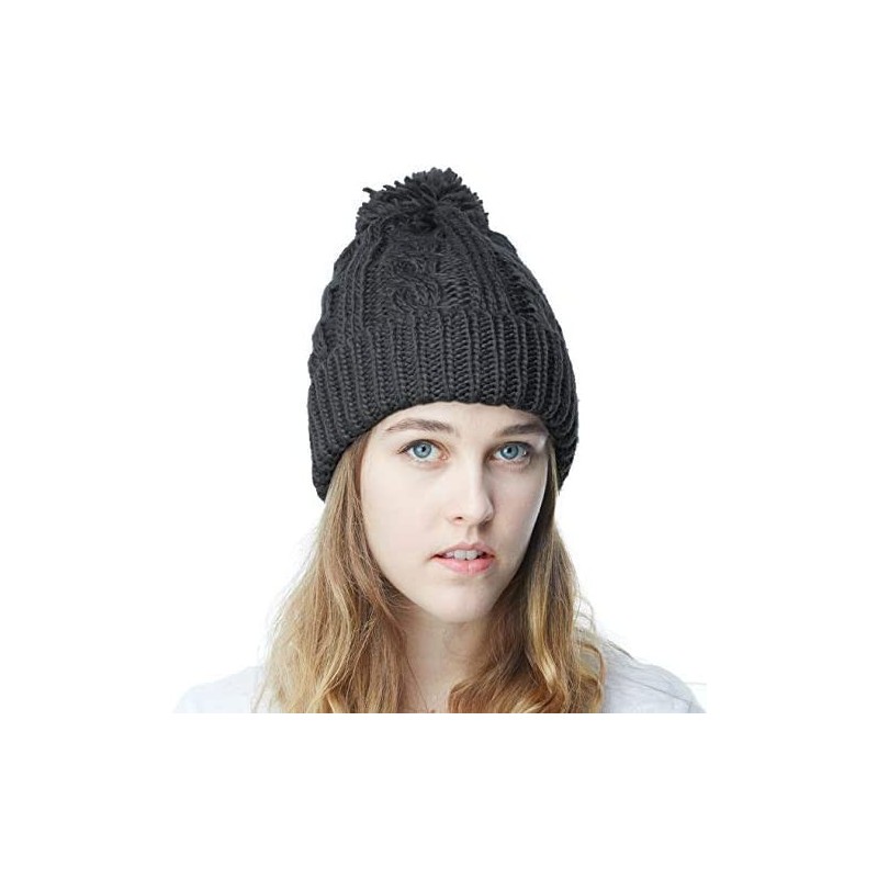 Skullies & Beanies Women Winter Oversized Chunky Thick Stretchy Knitted Pom Pom Beanie Fleece Lined Beanie Hat - 1. Curly Bla...