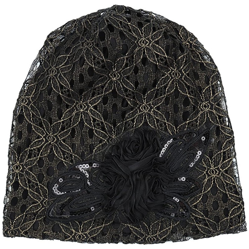 Skullies & Beanies Women's Lace Flower Slouchy Baggy Skullies Cap Chemo Beanie Cancer Hat - Black - CX18EKCZH36 $11.09