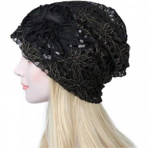 Skullies & Beanies Women's Lace Flower Slouchy Baggy Skullies Cap Chemo Beanie Cancer Hat - Black - CX18EKCZH36 $11.09