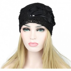 Skullies & Beanies Women's Lace Flower Slouchy Baggy Skullies Cap Chemo Beanie Cancer Hat - Black - CX18EKCZH36 $11.09