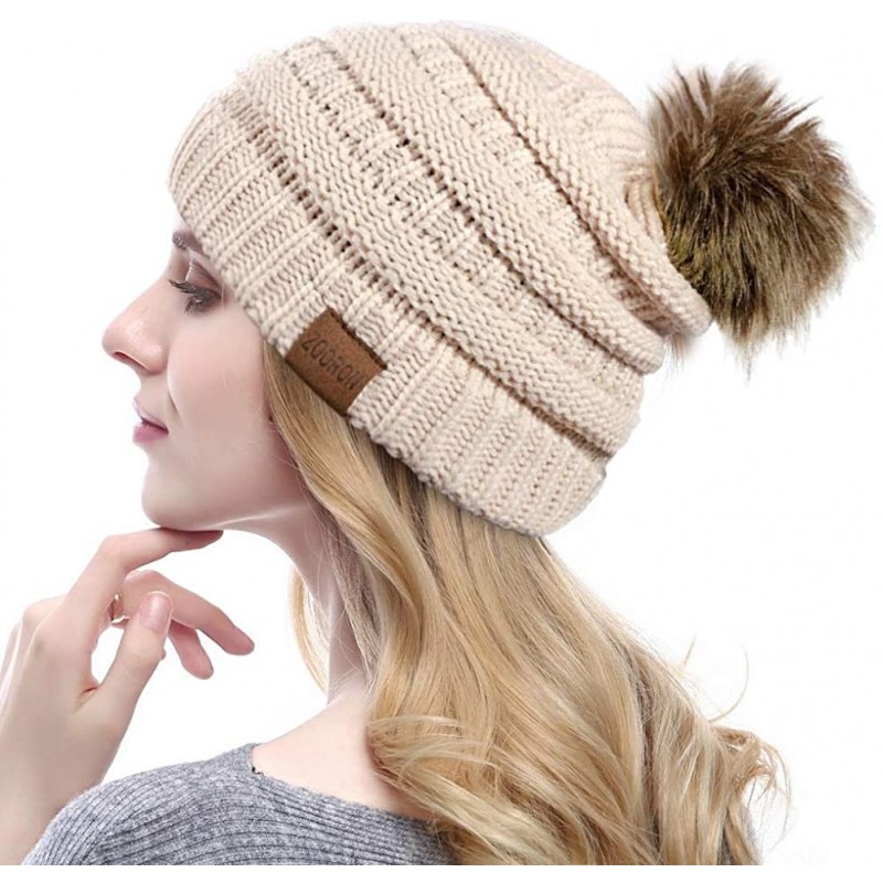 Skullies & Beanies Pompom Beanie for Women-Faux Fur Winter Soft Warm Beanie Hat Cable Knit Slouchy - Style2-beige - CR18MDDKR...