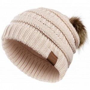 Skullies & Beanies Pompom Beanie for Women-Faux Fur Winter Soft Warm Beanie Hat Cable Knit Slouchy - Style2-beige - CR18MDDKR...