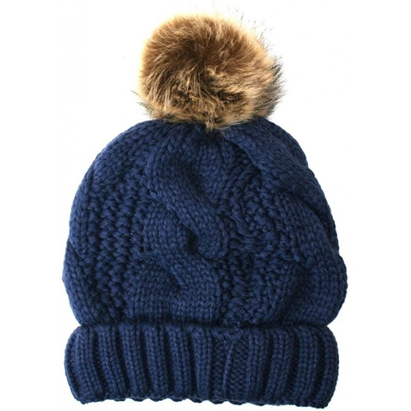 Skullies & Beanies Women's Thick Cable Knit Beanie Hat with Soft Fur Pom Pom - Navy - CI126H24DDB $11.70