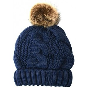 Skullies & Beanies Women's Thick Cable Knit Beanie Hat with Soft Fur Pom Pom - Navy - CI126H24DDB $11.70