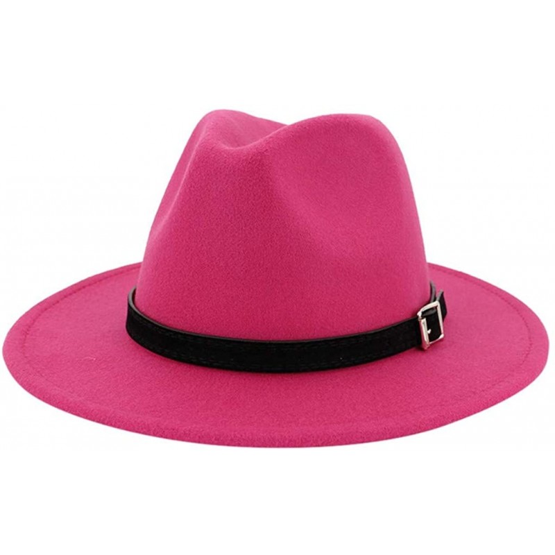 Fedoras Mens Fedora Hat Faux Felt Wide Brim Belt Buckle Cowboy Hat - D Hot Pink - CS1933X4Q6Q $9.03