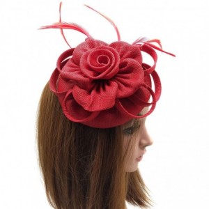 Berets Womens Fascinator Hat Sinamay Pillbox Flower Feather Tea Party Derby Wedding Headwear - Red - CJ18NONY80E $12.12