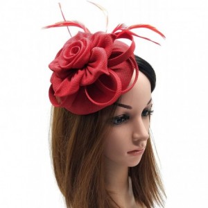 Berets Womens Fascinator Hat Sinamay Pillbox Flower Feather Tea Party Derby Wedding Headwear - Red - CJ18NONY80E $12.12