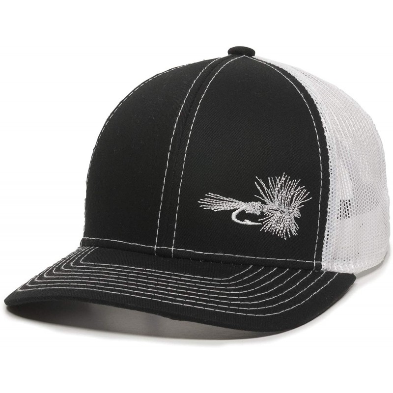 Baseball Caps Fish Lure Trucker Hat - Adjustable Baseball Cap w/Plastic Snapback Closure - Dry Fly (Black W/ White Mesh) - CY...