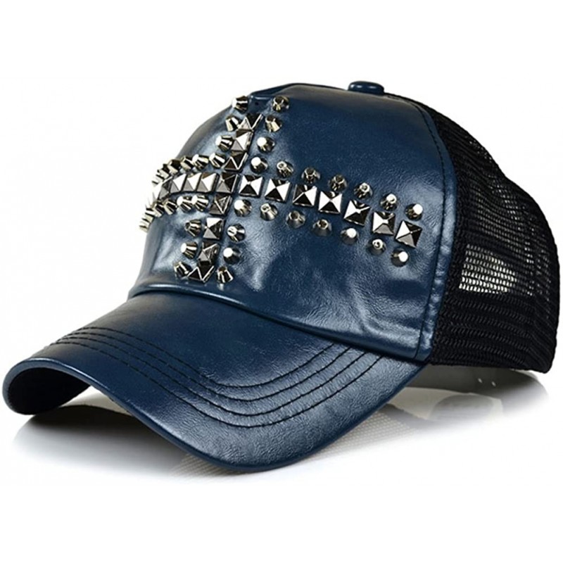 Baseball Caps PU Leather Mesh Back Hedgehog Rivet Cross Snapback Cap FFH133s01YEL - Blue Cross - C711KCIMSDT $20.76